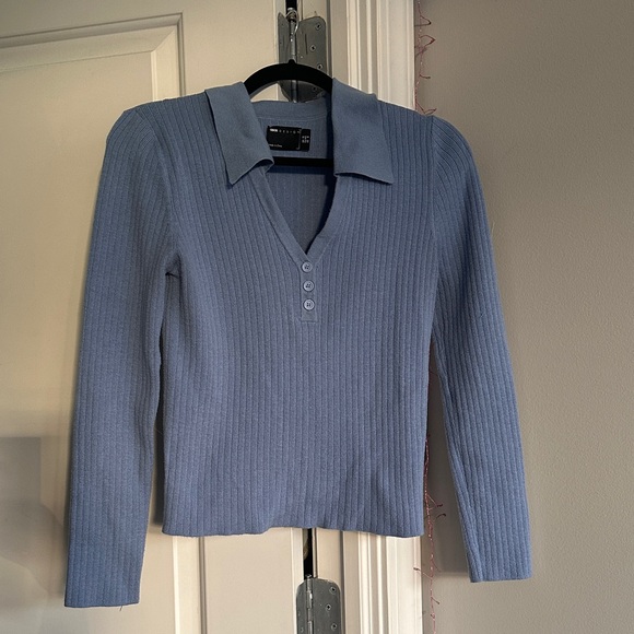 ASOS Blue Ribbed Knit Blouse - Picture 3 of 3